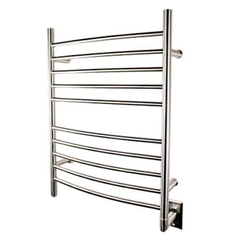A silver curved heated towel rack.