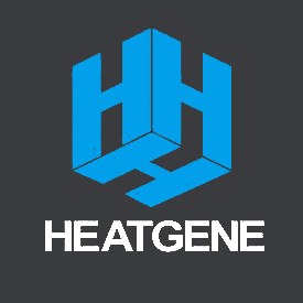 Blue, gray, and white HeatGene logo.