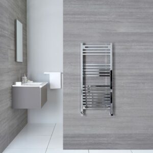 A hydronic wall-mounted heated towel rack on a gray wall.