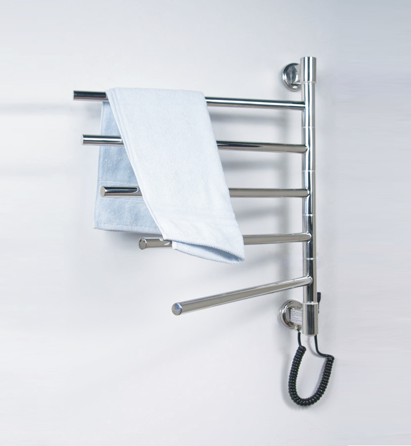 A silver swivel heated towel rack with a small blue towel draped over it.