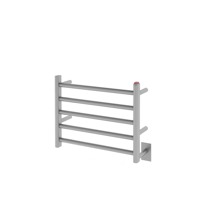 A small silver heated towel rack with hardwiring on a white background.