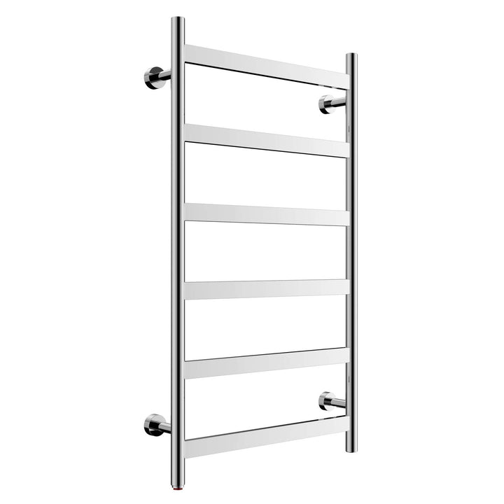 A tall six-rail heated towel rack in silver against a white background.