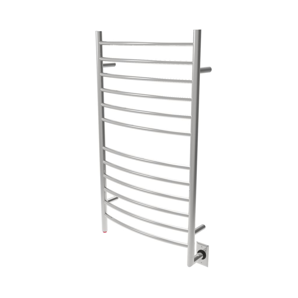 Transparent image of a wall-mounted, hardwired Amba Radiant heated towel rack in silver.
