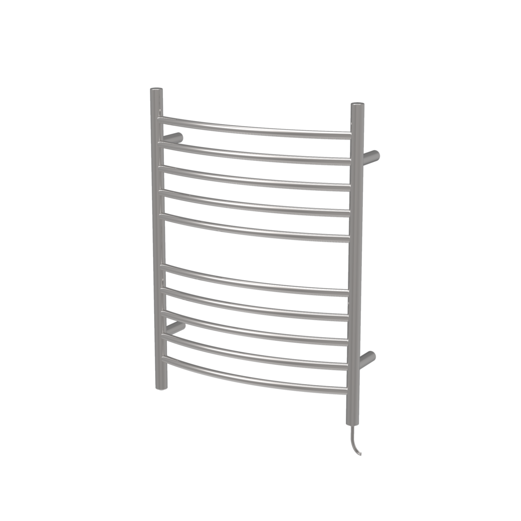 A silver curved Radiant heated towel rack on a transparent background.