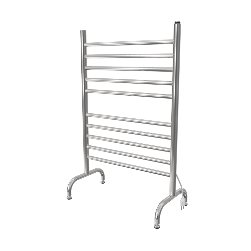 A freestanding electric heated towel rack