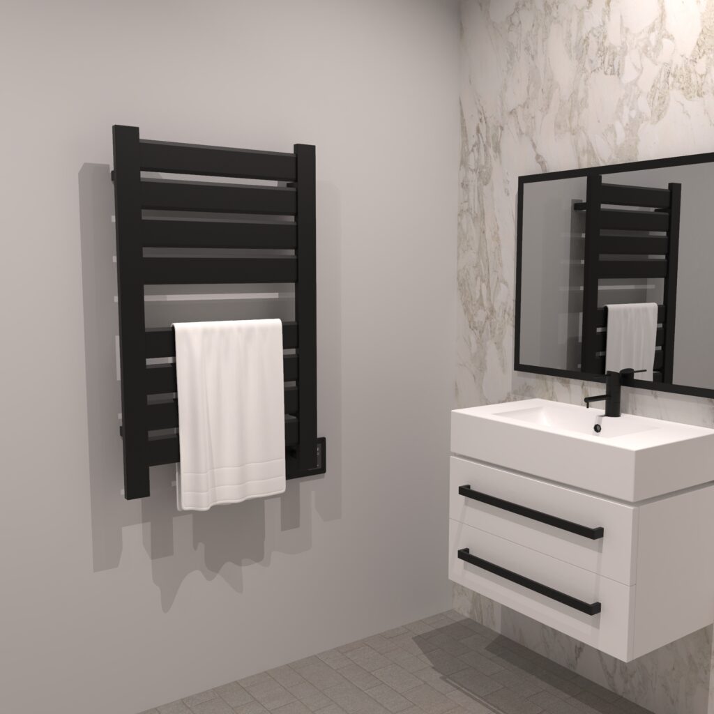 Black heated towel rack in a small bathroom