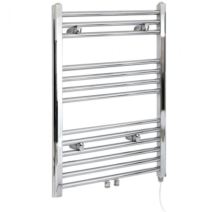 A plugin heated towel rack with twelve rails in silver.