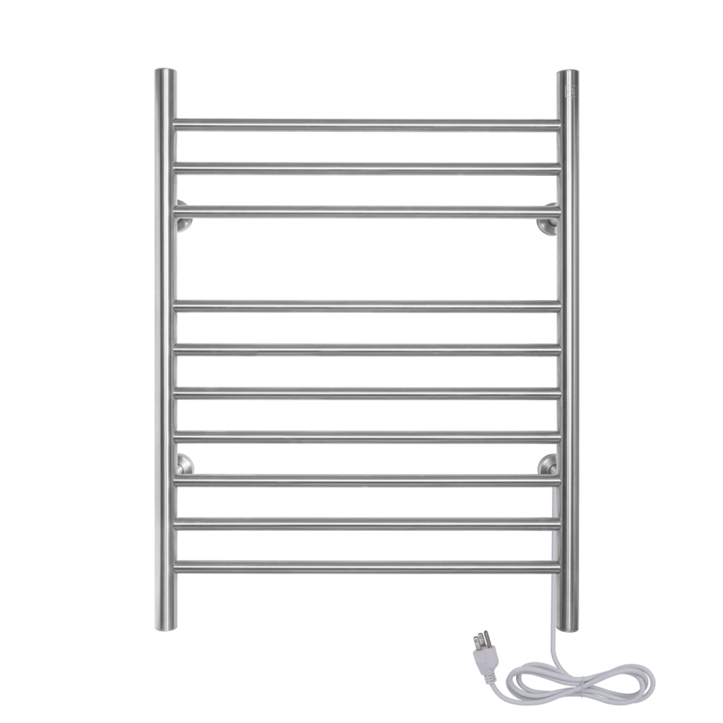 A transparent image of a silver heated towel rack (or towel warmer) with a plug-in cord at the bottom.
