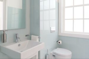 A small, clean bathroom with minimal towel storage.