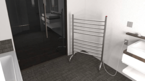 A free standing heated towel rack plugged into a wall.