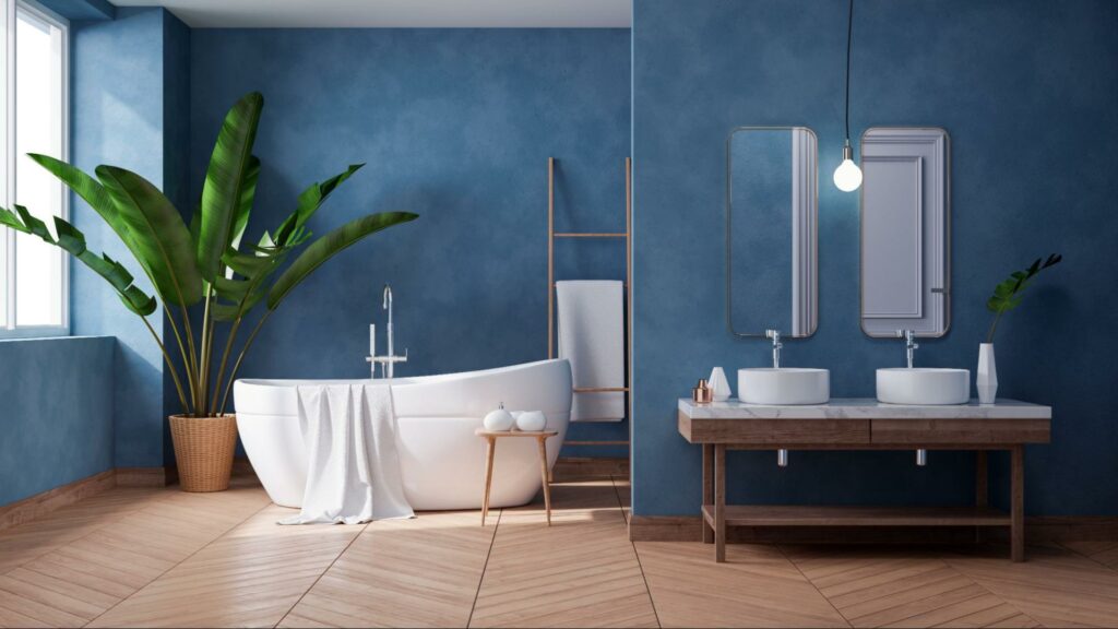 A blue bathroom with aesthetic and functional bathroom decor.