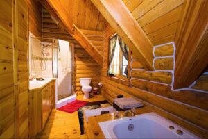 A rustic log cabin bathroom with tub and shower stall.